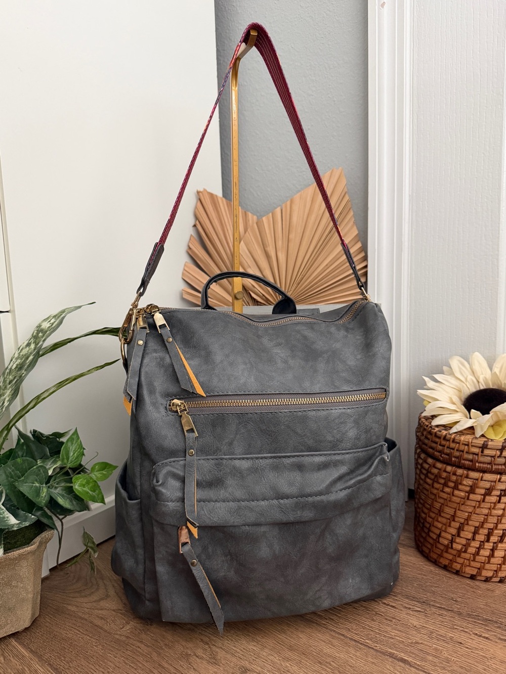 She & Sho Gray Vegan Leather Convertible Backpack w/Reversible Guitar Strap